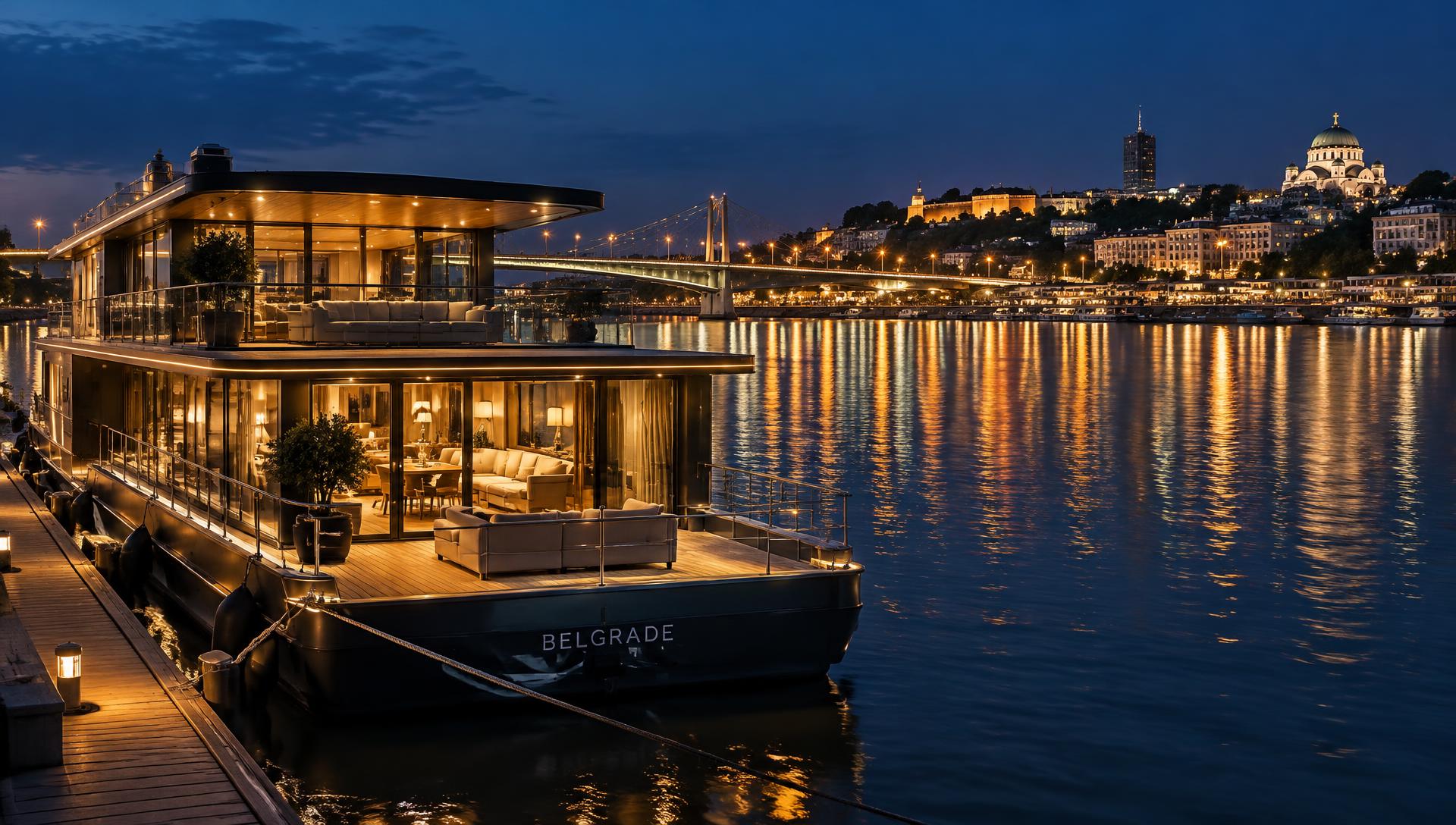 Yacht House Belgrade - houseboat na reci u sumrak sa svetlima Beograda